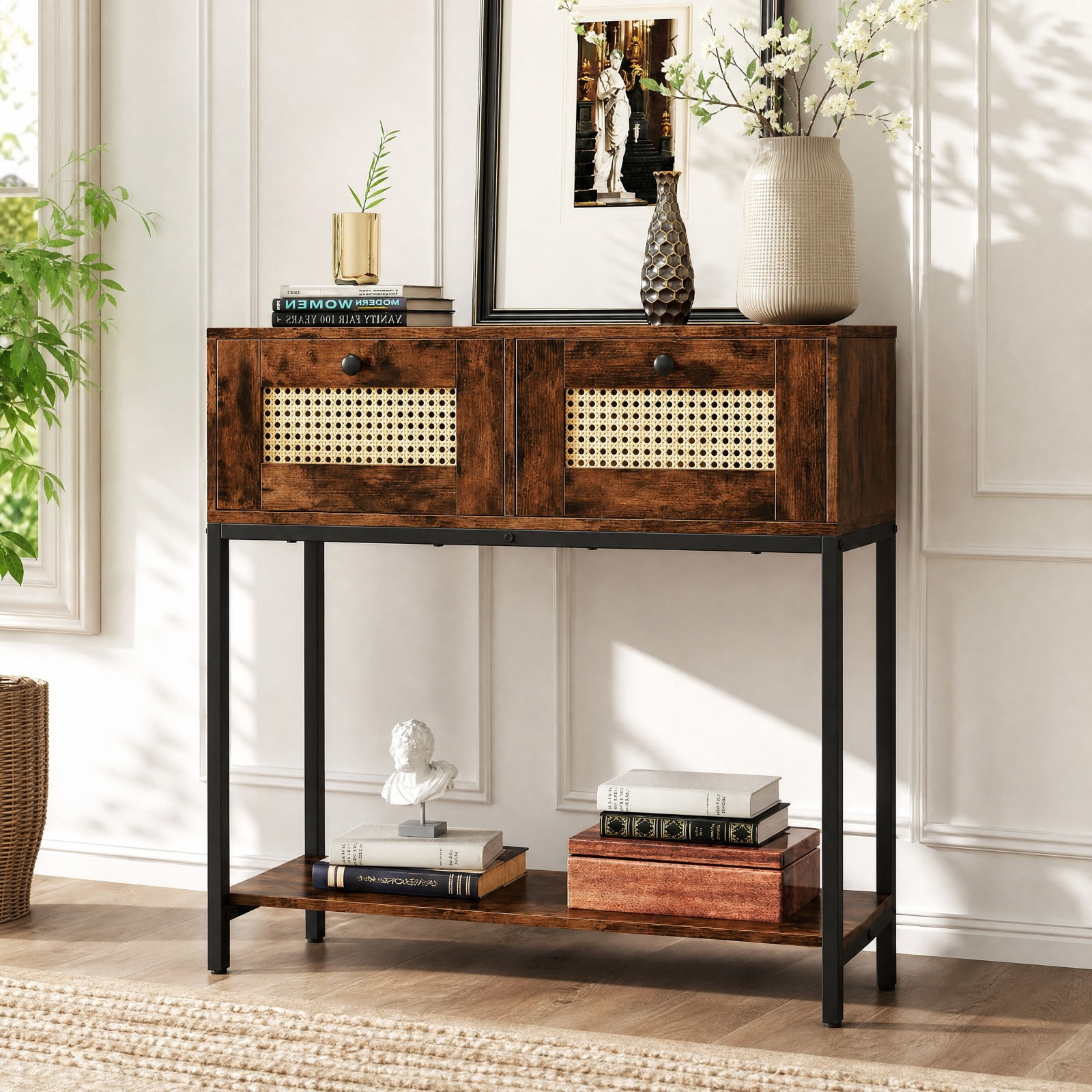 Furnibear Rattan Console Table Boho Entryway Table with 2 Rattan Drawers and Open Storage Shelf for Hallway Living Room, Rustic Brown