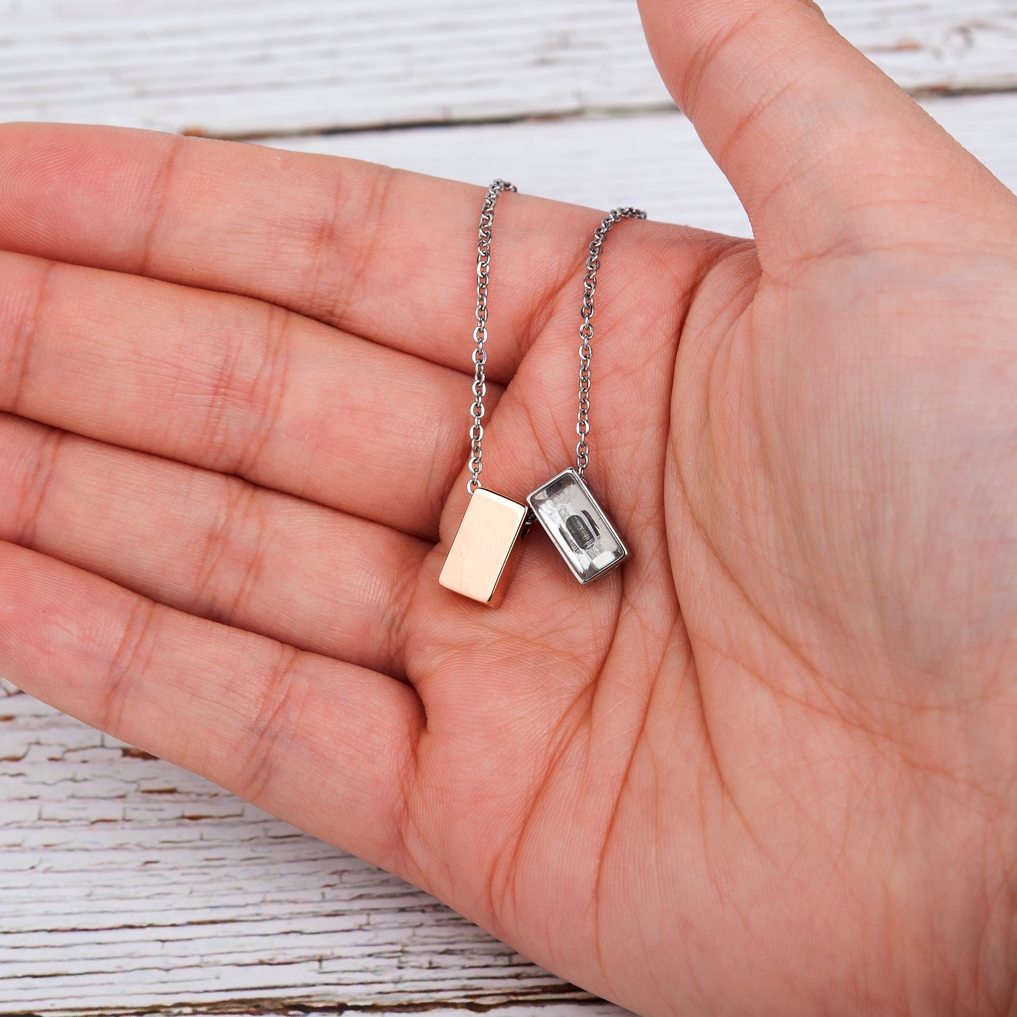 Anavia See You Cremation Necklace for Ashes, Mini See Through Urn Necklace, Mini Cube Cremation Pendant, Cremation Jewelry, Memorial Jewelry, Mini Urn-[Rose Gold & Silver]