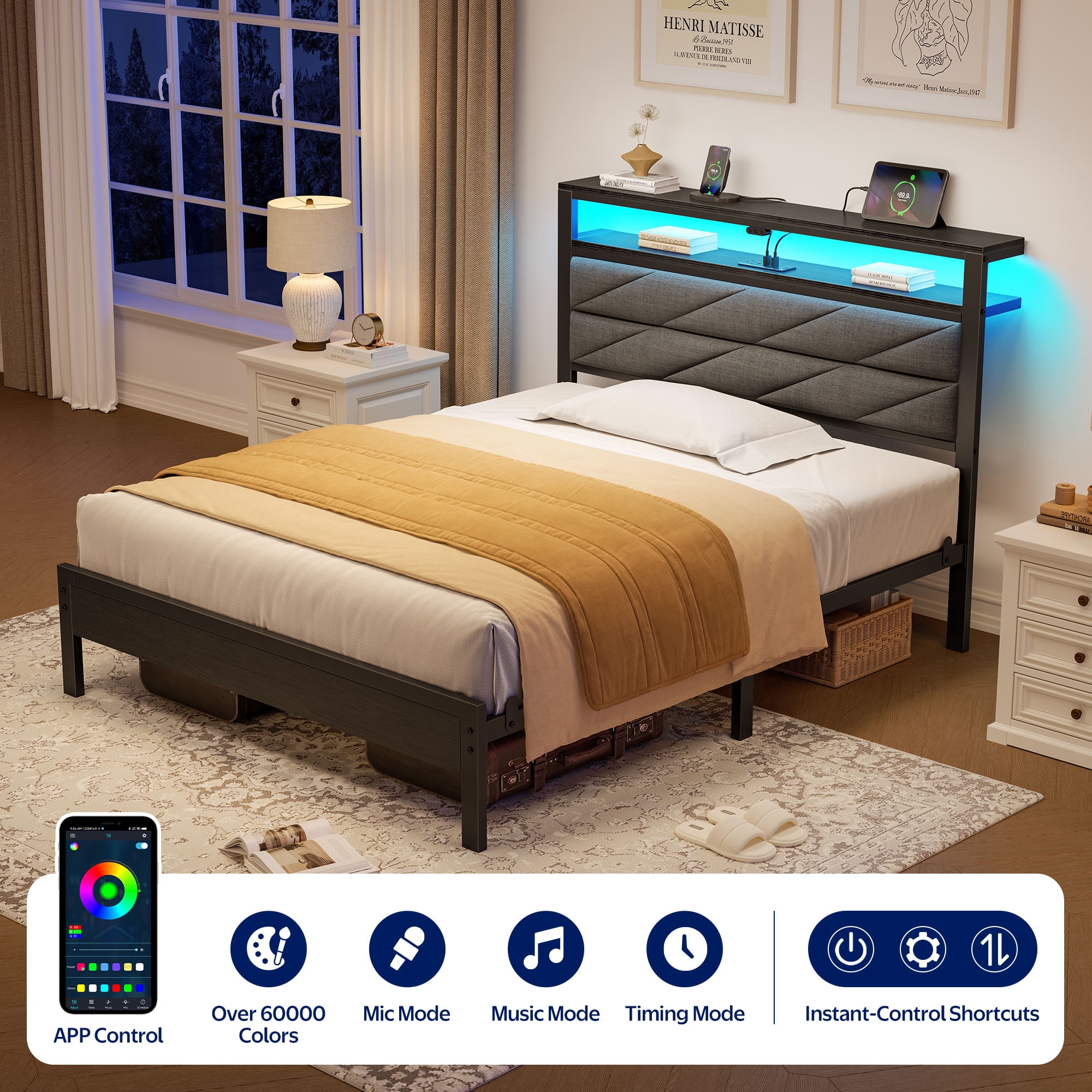Greenstell Twin LED Bed Frame with Headboard Storage - Charging Station, Dark Gray