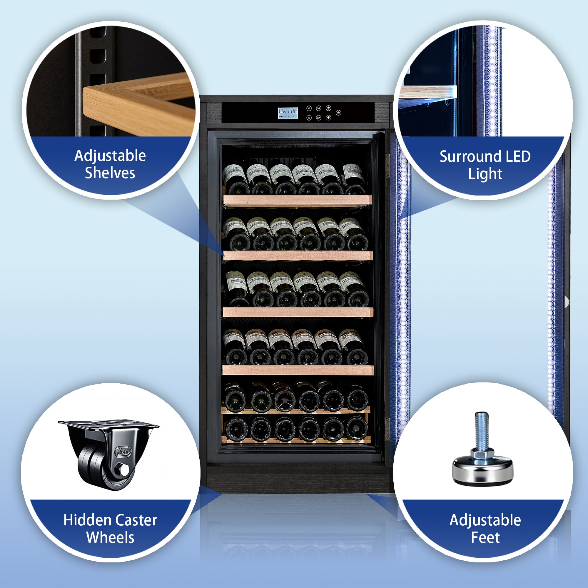 69-Bottle Freestanding Black Wine Fridge | Touch screen control, light-blocking glass, and precise temp regulation for optimal aging