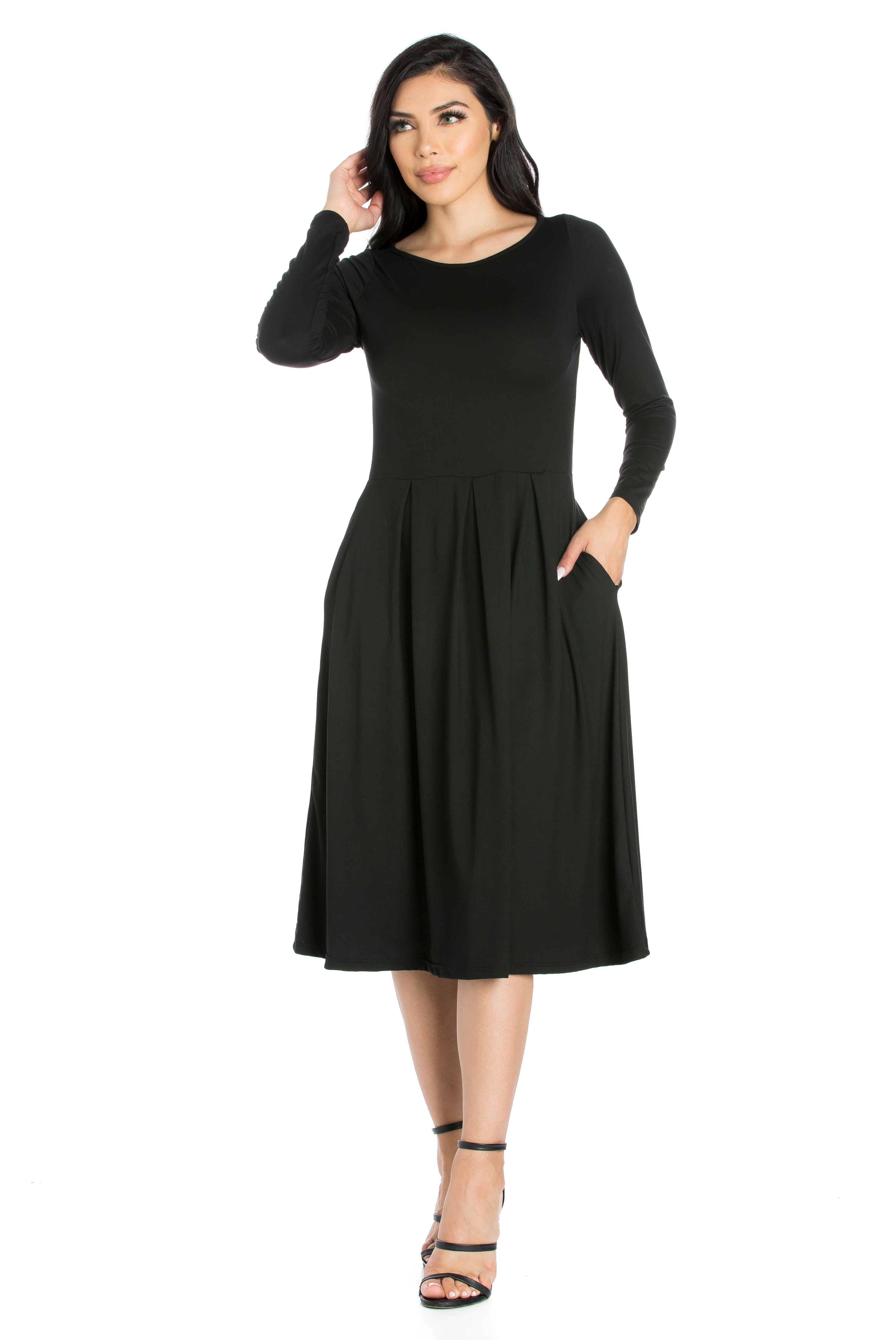 24seven Comfort Apparel Long Sleeve Fit and Flare Midi Dress - Walmart.com