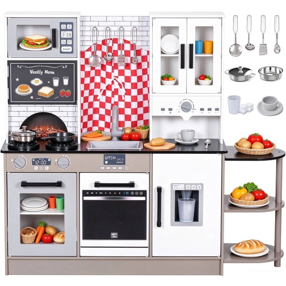 BRINJOY Wooden Toddler Play Kitchen, Kids Pretend Toy Kitchen Playset with Light & Sound, Kitchen Set for Toddlers 1-3, Stove Oven & Accessories, Gift for Boys Girls