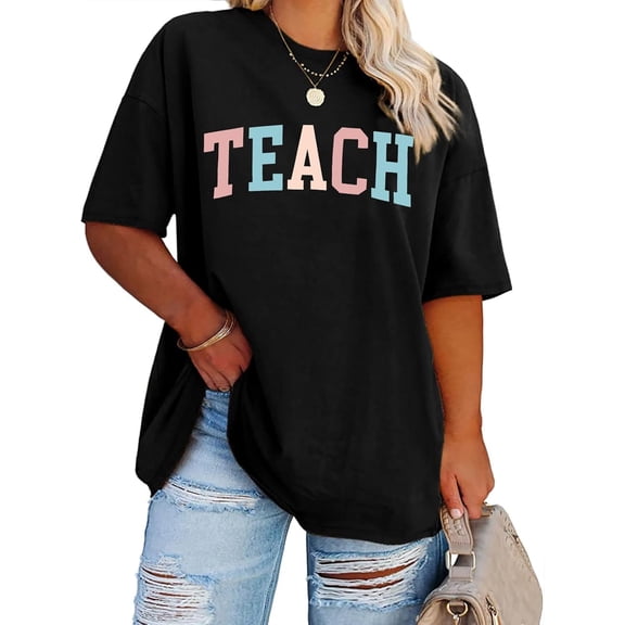 Retro TEACH Colorful Letter Print Women's Oversized T-Shirt Casual Short Sleeve Crewneck Top for Educators Back to School Fashion