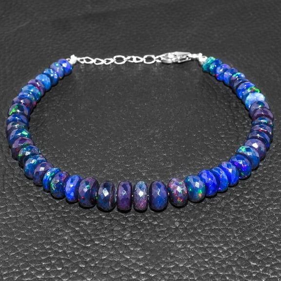 QNAVIC Natural Fire Black Opal Beads Stones Choker Bangle Bracelet for Women, Healing Chakra Crystals, Birthstone Jewelry, Rhodium Plating 925 Sterling Silver 8 inch Engagement Gift for her