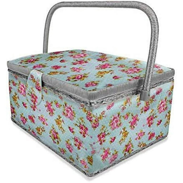 Print Design Sewing Basket, Sewing Kit Storage Box with Removable Tray,  Built-in Pin Cushion and Interior Pocket
