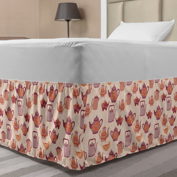Vintage Bed Skirt, Pastel Pink and Purple Shades Tea Party Theme Print with Antique Tea Cups Tea Pots, Elastic Bedskirt Dust Ruffle Wrap Around for Bedding Decor, 4 Sizes, Multicolor, by Ambesonne