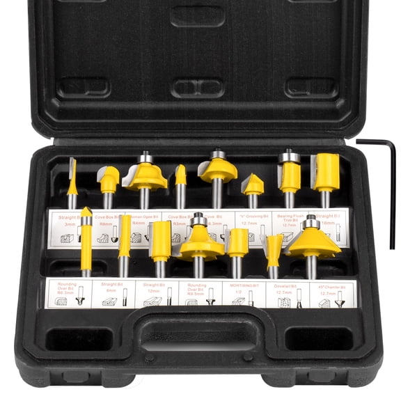 Starwal 15-Piece Router Bit Set, 1/4-Inch Shank, Tungsten Carbide Tips, Ideal for Woodworking Professionals