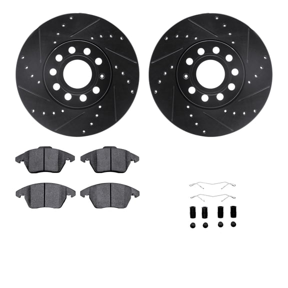 Dynamic Friction Company Front Brake Rotors-Drilled and Slotted-Black with 5000 Advanced Brake Pads includes Hardware 8512-74056
