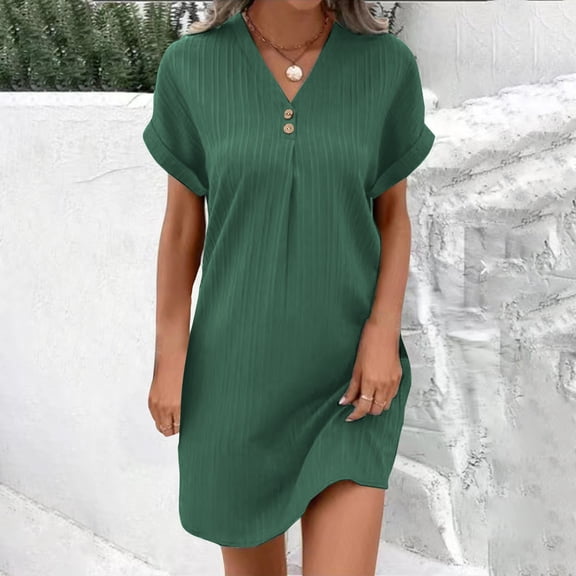 Dxzfnsa Women's Casual Dresses Summer Womens Comfortable Solid Color Short Sleeve Dresses Loose Fit V Neck Button Cotton Linen Sundresses