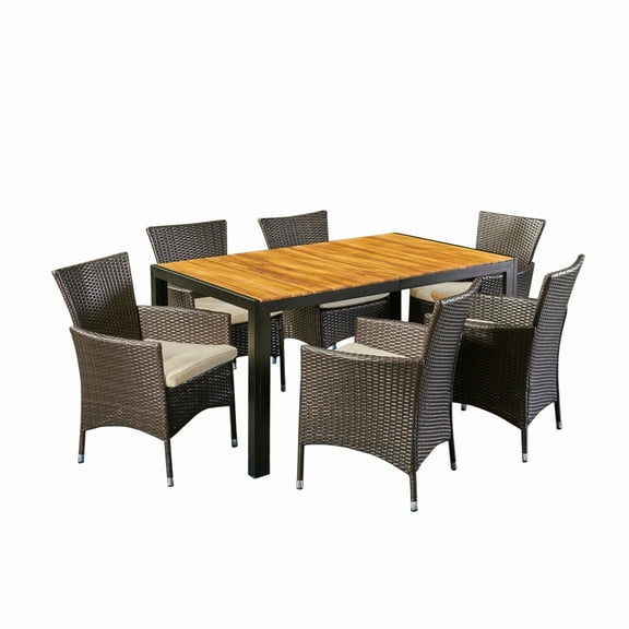 Jeremiah Outdoor 6-Seater Rectangular Acacia Wood and Wicker Dining Set, Teak Finish