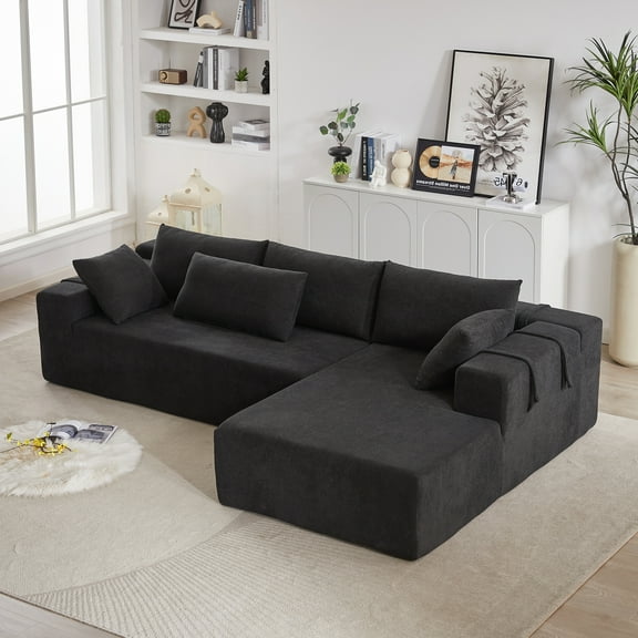 NeoKo 108" Modular Sectional Sofa, L-shaped Boneless Sofa Couch with 6 Pillows, Modern Chenille Upholstered Deep-Seated Cloud Sofa for Living Room, No Assembly (Black, Right-Facing Chaise)