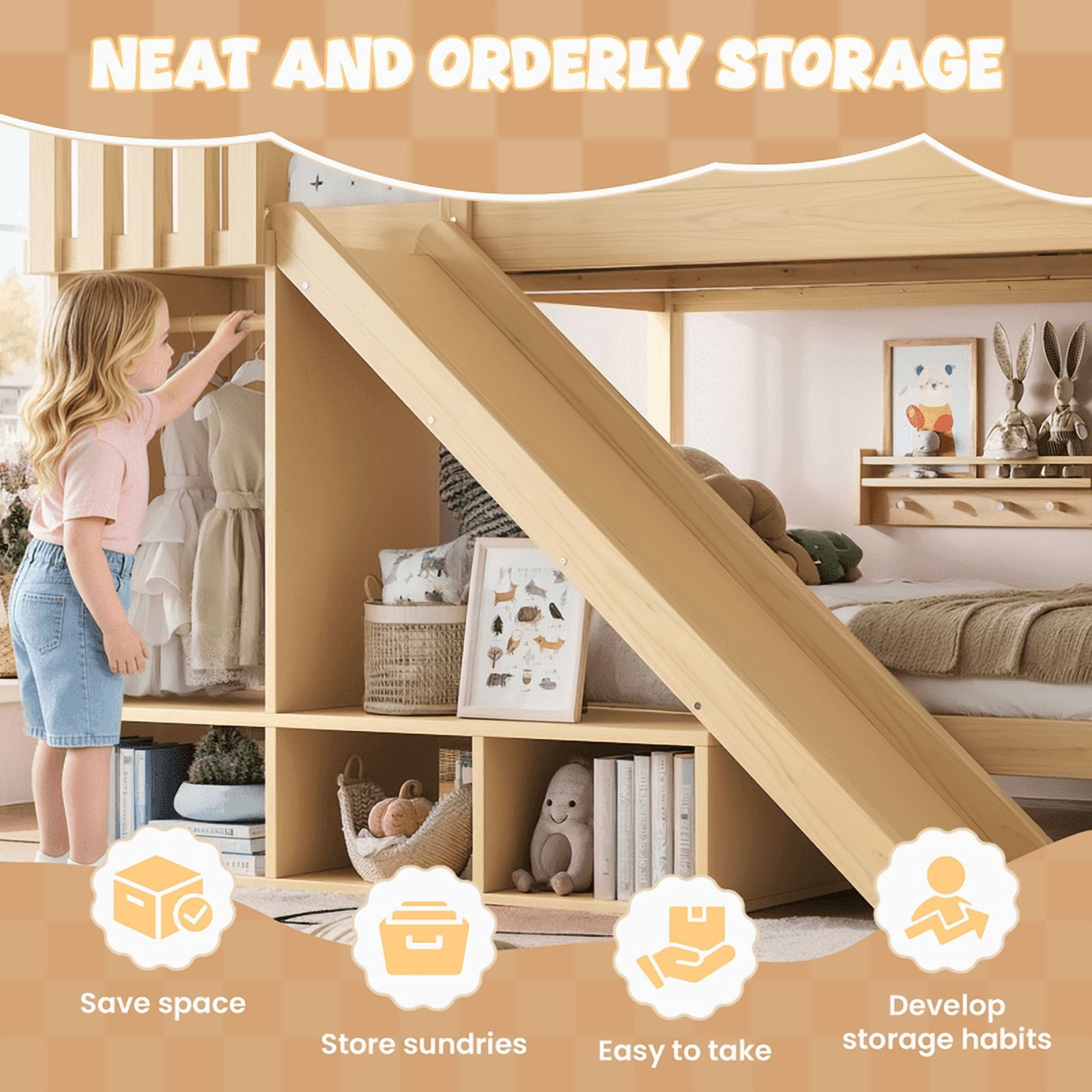 Full Over Full Bunk Bed with Slide and Ladder, Solid Wood Kids Bunk Bed with Storage Shelves and Hanging Rod, Low Profile Design, Full-Length Guardrails