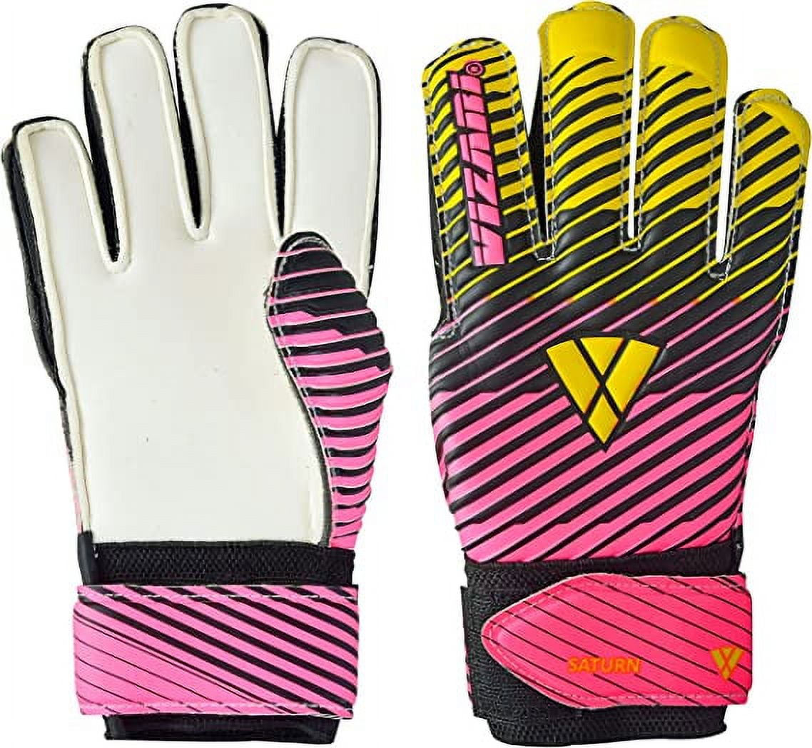 VIZARI Sports Saturn Soccer Size 4 Pink Goalie Goalkeeper Gloves for Kids Youth & Boys, Football Gloves with Grip Boost Padded Palm and fingersave Flat Cut Construction