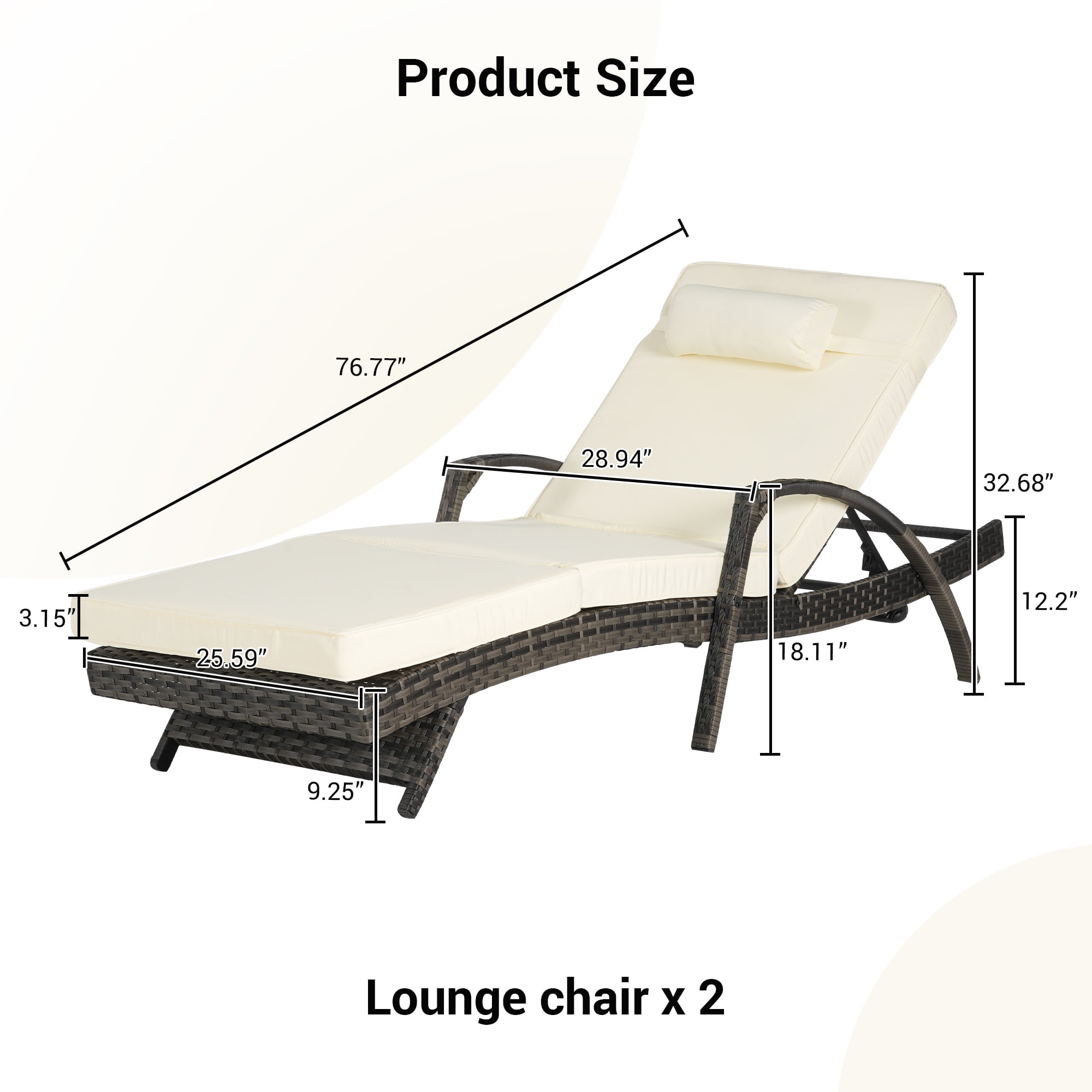 Leumius Outdoor Chaise Lounge Chair Set of 2,Wicker Reclining Lounge Chair with Cushions and Backrest Adjustable to 150° for Outside Pool Patio,Beige
