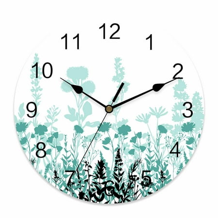 Wall Clock Turquoise Herb Clocks PVC Silent Non-Ticking Battery Operated Decorative Floral Leaves Plant Round Clock for Home Living Room Kitchen Bedroom Office School Wall Decor 14 Inch