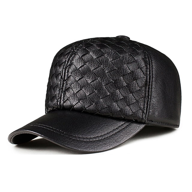 Baseball Cap Men Real Leather Black Brown Knit Autumn Winter Dad Hat