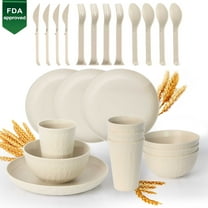 24 Pcs Wheat Straw Dinnerware Set,Unbreakable plates and bowls sets,  Lightweight Travel Camping Dish Sets,Microwave Dishwasher Safe,White
