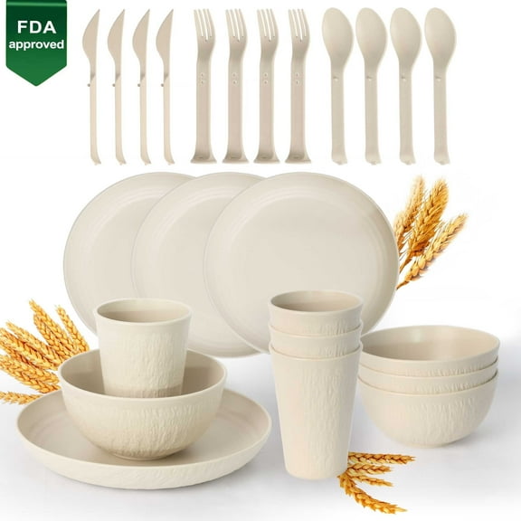 24 Pcs Wheat Straw Dinnerware Set,Unbreakable plates and bowls sets,  Lightweight Travel Camping Dish Sets,Microwave Dishwasher Safe,White