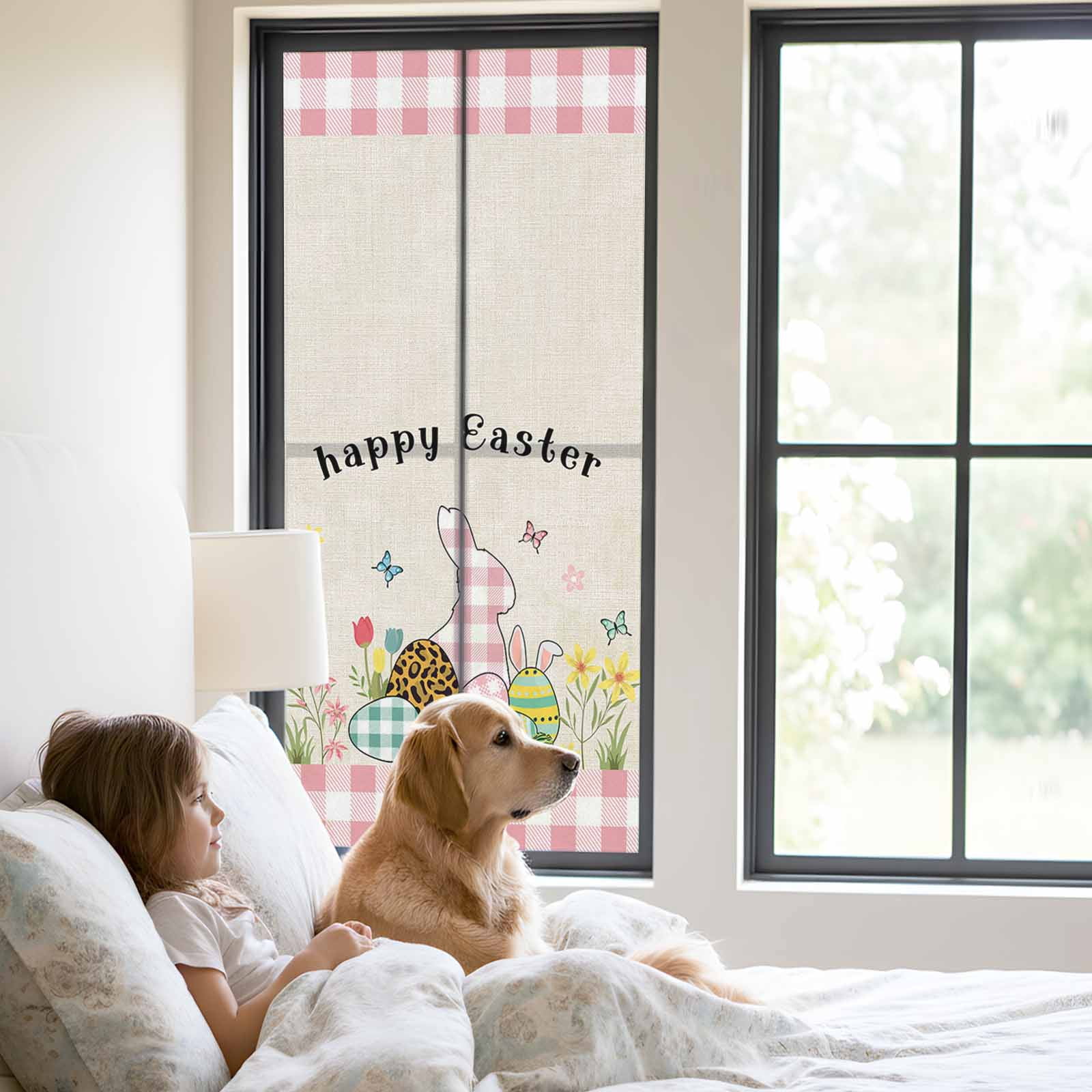 Easter Eggs Window Privacy Film, Rabbits Pink Buffalo Plaid Retro Texture Frosted Glass Window Clings Static Cling UV Heat Blocking Reusable Door Sticker for Bathroom 23.6 x 59 Inch