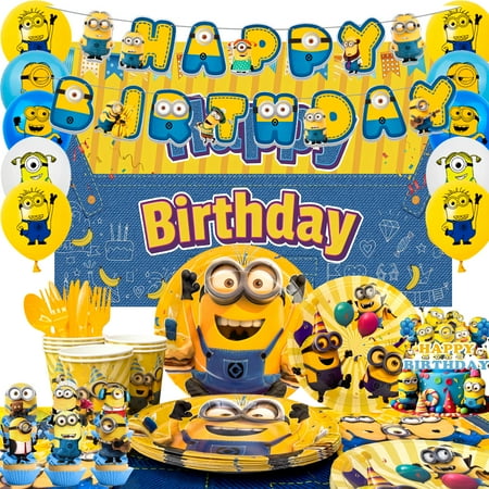 Minions Party Supplies, 98Pcs Minions Party Decorations & Tableware Set - Minions Party Plates Napkins Cups and Minions Birthday Banners Balloons Cake Toppers etc. Minions Theme Birthday Decorations