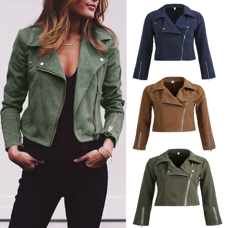Women Ladies Leather Jacket Coats Zip Up Biker Flight Casual Top Coat