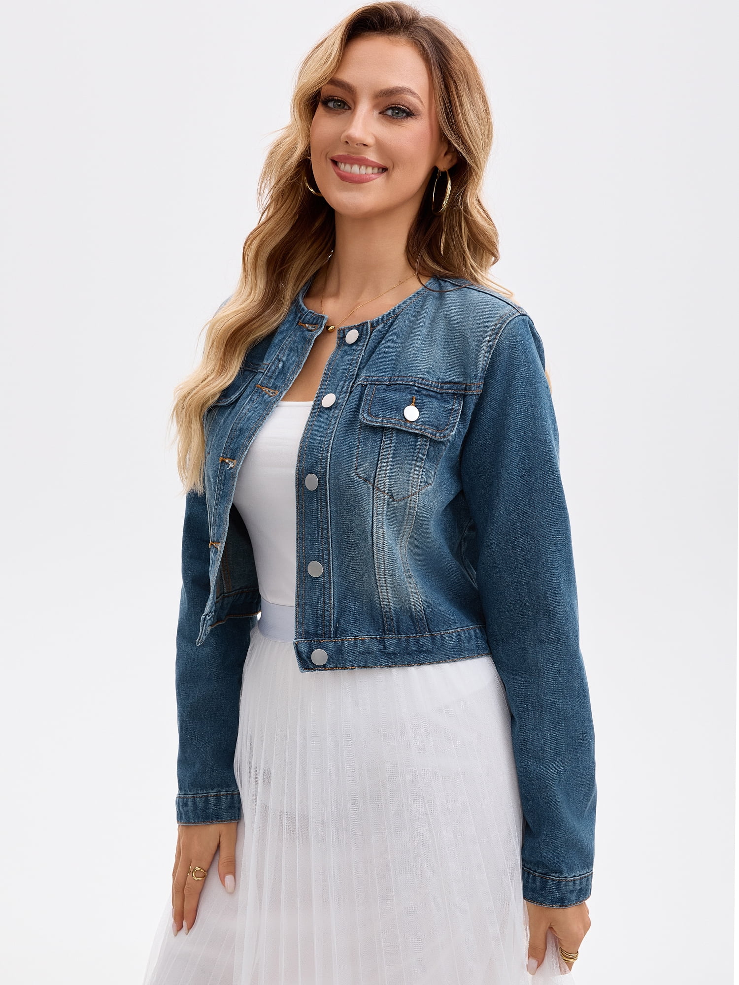 DARING DIVA Women's Collarless Button Down Long Sleeve Denim Jacket M Blue