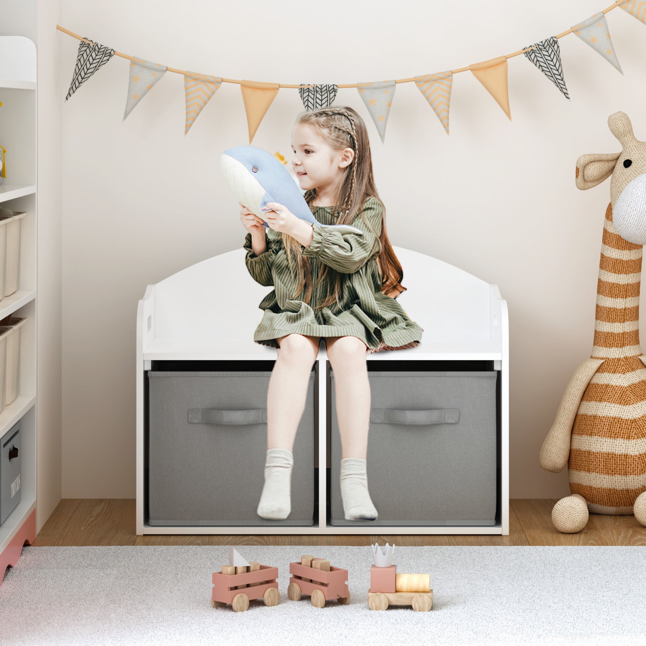 Noble House 24.6" Kids Wooden Toy Box Bench with 2 Fabric Drawers, Toy Storage Cabinet Organizer and Seat, White