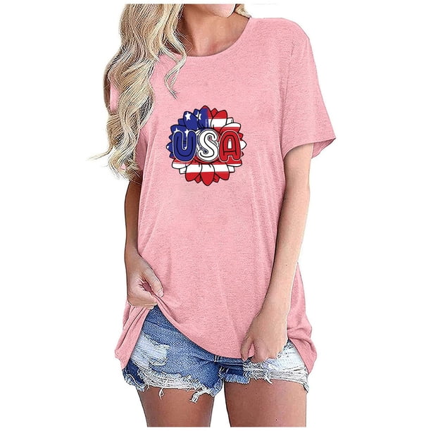 Tops Cortos para Mujeres Bandera de Moda Impresa Cuello Redondo, Camiseta de Manga 3/4 para Uso Diario, Casero Y Cómodo