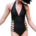 thumbnail image 1 of Trajes de baño de una pieza con cuello en V para mujer Trajes de baño con espalda abierta y espalda descubierta Trajes de baño con recorte de pierna alta,negro,l Feliz Sencillez, 1 of 5