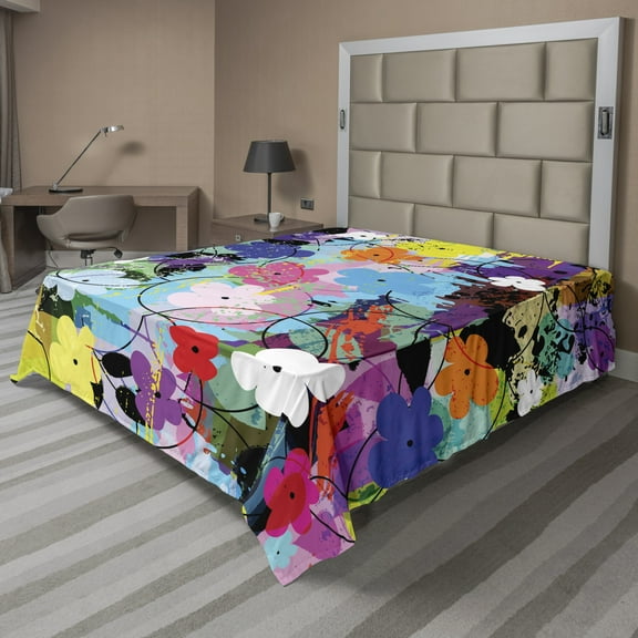 Ambesonne Colorful Flat Sheet, Abstract Floral Art, Queen Size, Multicolor