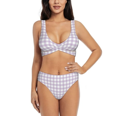 Zeuib Purple Checkboard High Waisted Tummy Control Bikini Set - Knot Front Push Up Top & Cheeky Thong Bottom  Two-Piece Swimsuit for Women-X-Large