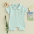thumbnail image 2 of Infant Boy Summer Outfits Bodysuit Waffle Knit Short Sleeve Romper Baby Fashion Solid Color Collared Onesies Jumpsuit (Blue 0-3 Months), 2 of 3