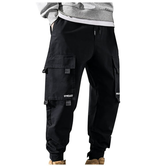 HOOMEUMY Men's Straight Fit Multi-Pocket Cargo Pants Joggers Bound Feet Streetwear Trousers with D string Black XXL