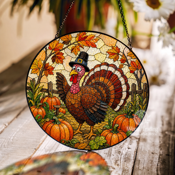 Window Hanging Pumpkin Patch Turkey Stained Glass Style for Sunny Windows Fall Thanksgiving
