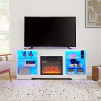 Lighted TV Stand Electric Fireplace TV Stand with Glass Shelves, 3D Fireplace TV Stand with LED Light Wood Open Shelves Table for TV up to 60-65",White