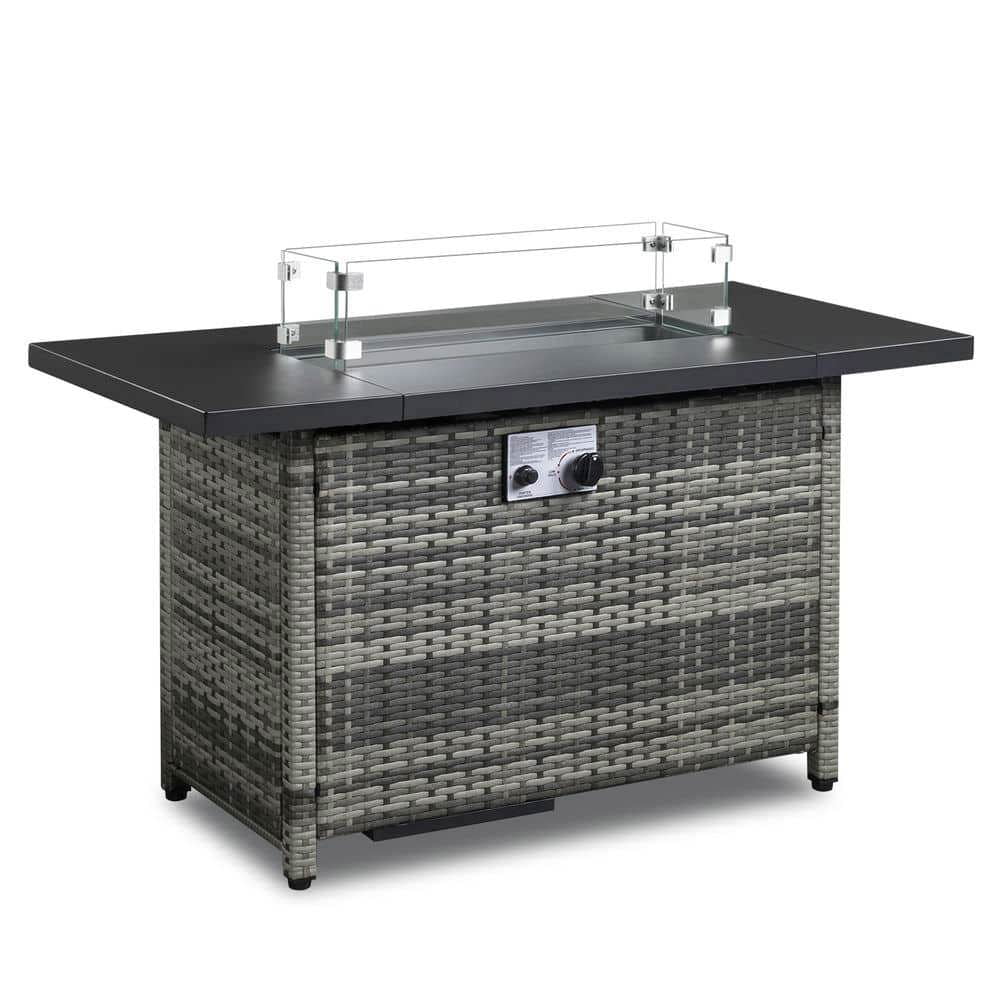 Spaco 43-Inch Fire Table with Grey Woven Rattan Side Panel, 50000 BTU Gas Firepit with Volcanic Stone, Fire Pit Table for Outdoor as Patio, Picnic, Backyard, Gray+Brown