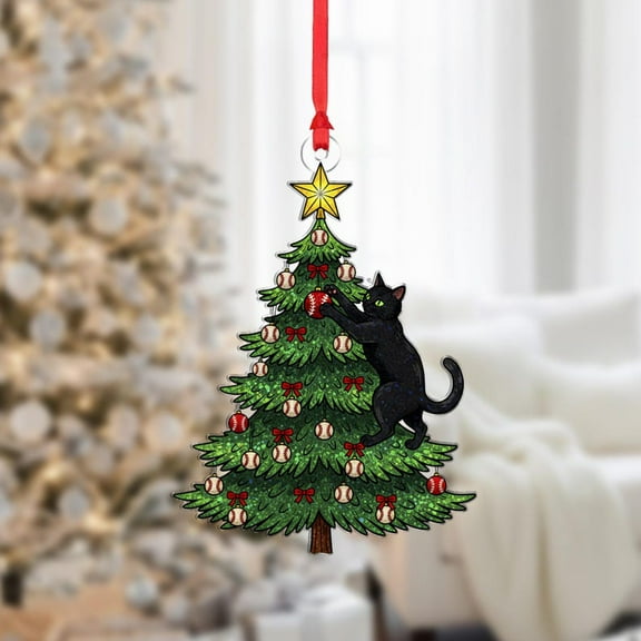 ViciArt Black Cat Christmas Ornament – Climbing Tree Decoration with Red Bows, Acrylic & Fiber Wood