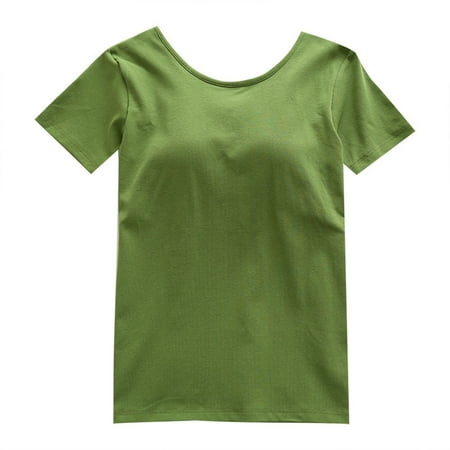 Bufgaceh Built in Bra Tops for Women Loose Fit Short Sleeve Summer Tee Shirts Padded Bra Breathable Lounge T-Shirts Sleepwear