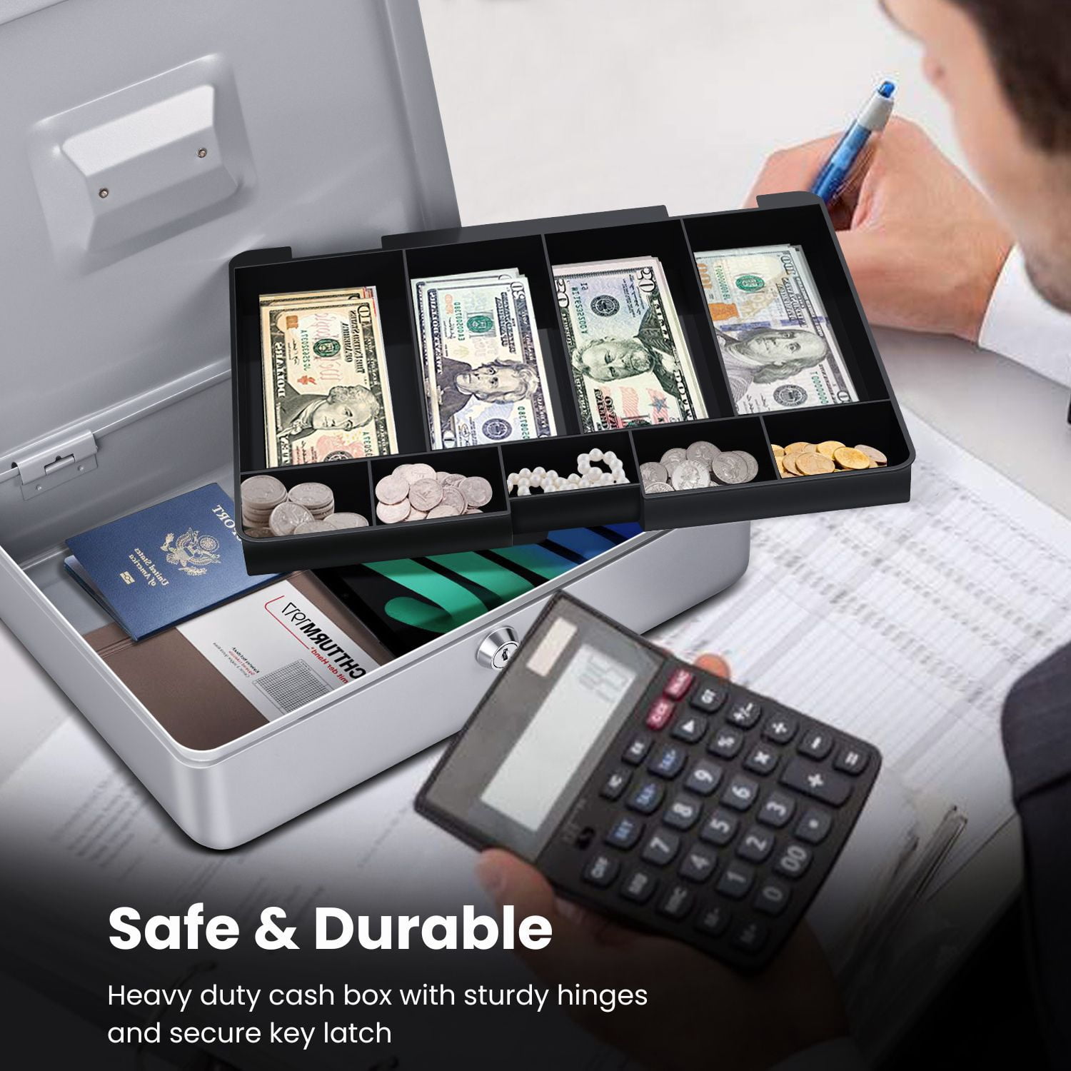 Cash Box with Money Tray and Lock - Metal Cash Box for Small Businesses, 9-Compartment Silver Money Box with Lock and Key for Petty Cash, Checks, Coins, Portable Money Box for Cash Storage