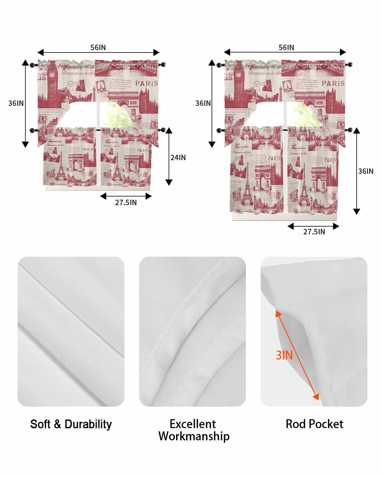 Vintage Art Swag Valance for Window, 3 Piece Red International Buildings Paris Towers Linen Light Filtering Swag Curtain Rod Pocket Kitchen Curtain Valance for Bedroom 3 Piece