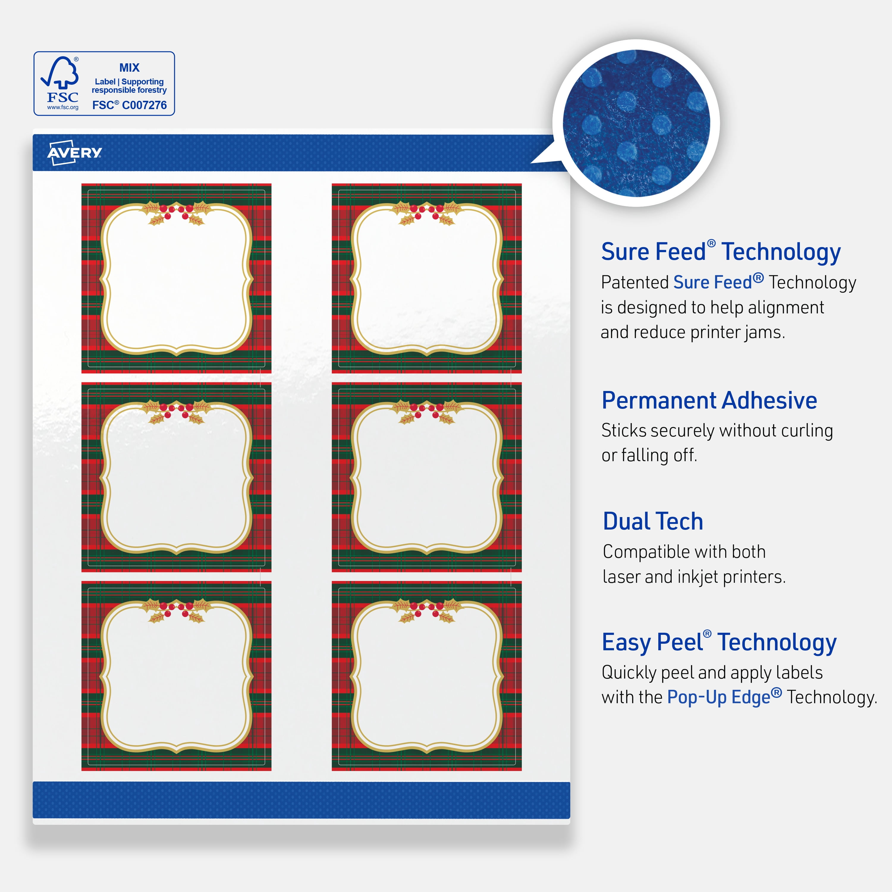 Avery Labels, 3" x 3", Glossy White, Plaid/Metallic Gold Frame