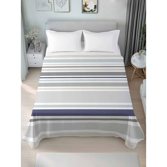 Gray Stripe Full Size Flat Sheet, Wrinkleproof & Fadeproof Cooling Flat Bed Sheet Only, Modern Abstract Art Navy Blue Striped Rustic Breathable Soft Bedding Top Sheets 81 x 96 Inches