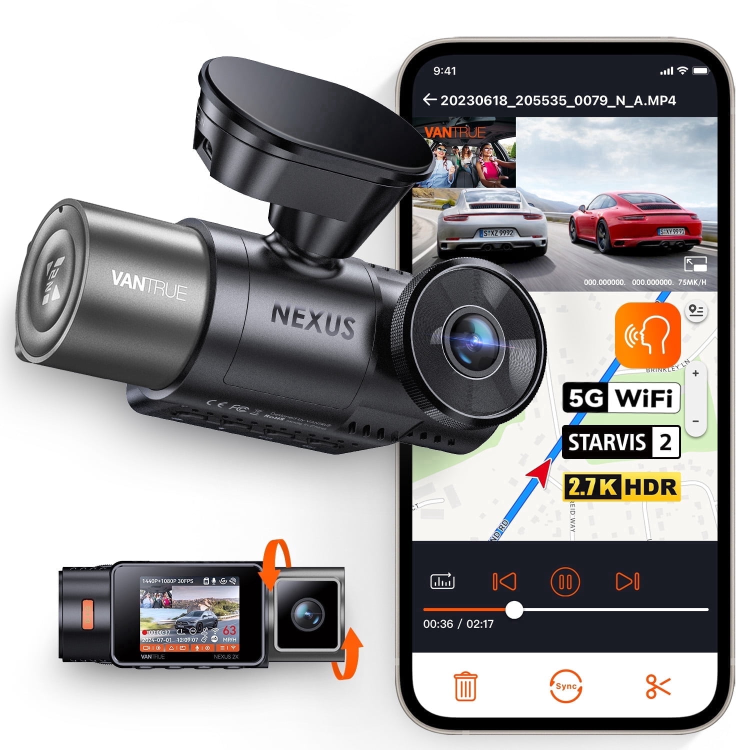 Vantrue 2.7K Uber Dash Cam, 5G WiFi Dual Dash Cam Front and Cabin Camera with HDR IR Night Vision, STARVIS 2, GPS, 2.5K/60FPS, G-Sensor, 24/7 Parking Mode, Voice Control, Support 512GB Max