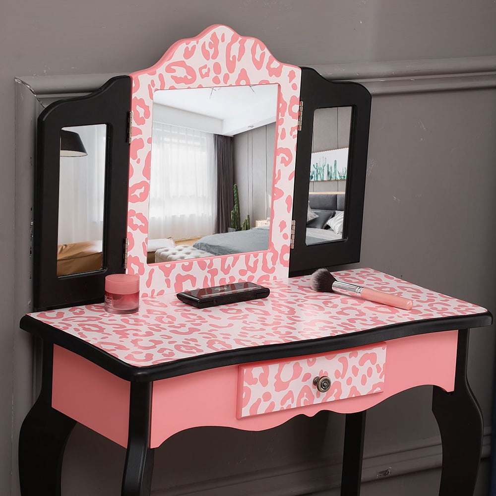 Paproos Kids Vanity with Mirrors and Stool, Pretend Play Kids Vanity Set with Tri-folding Mirror, Drawer, Princess Makeup Vanity Desk, Toddler Vanity Dressing Table for Little Girls 3+, Pink Leopard