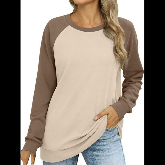 Sudadera Ligera de Larga con Cuello Redondo y Diseño Raglán con Bloques de Color para Mujer Albaricoque L