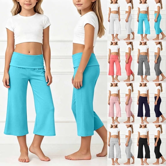 Y-Sunset Girls Fold Over Waist Yoga Pants, Kids Soft Stretchy Wide Leg Cropped Pants, Casual Flowy Culottes for Everyday Wear(Sky Blue/5-6 Years)