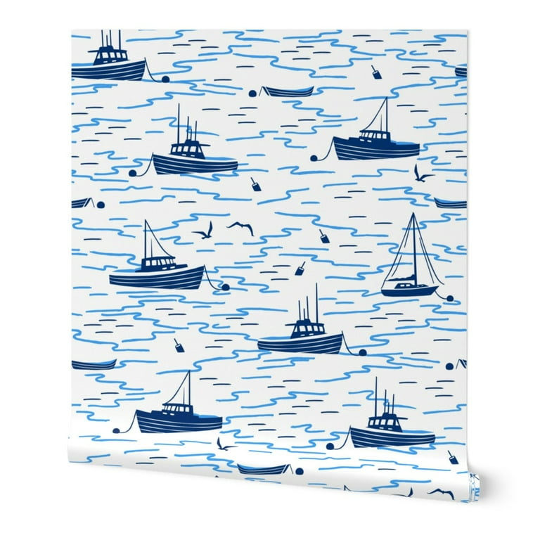 Peel & Stick Wallpaper 12ft x 2ft - Harbor Boats White Extra Large Nautical  Coastal Beach House Custom Removable Wallpaper by Spoonflower 