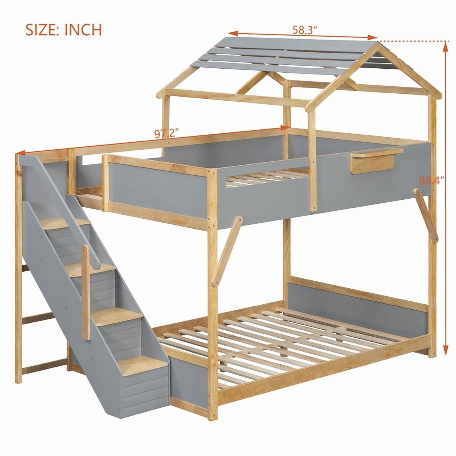 Full over Full House-Shaped Bunk Bed with Roof & Stairs, Kids Bed Frame with 3-Color LED Lights & Bedside Storage Shelf