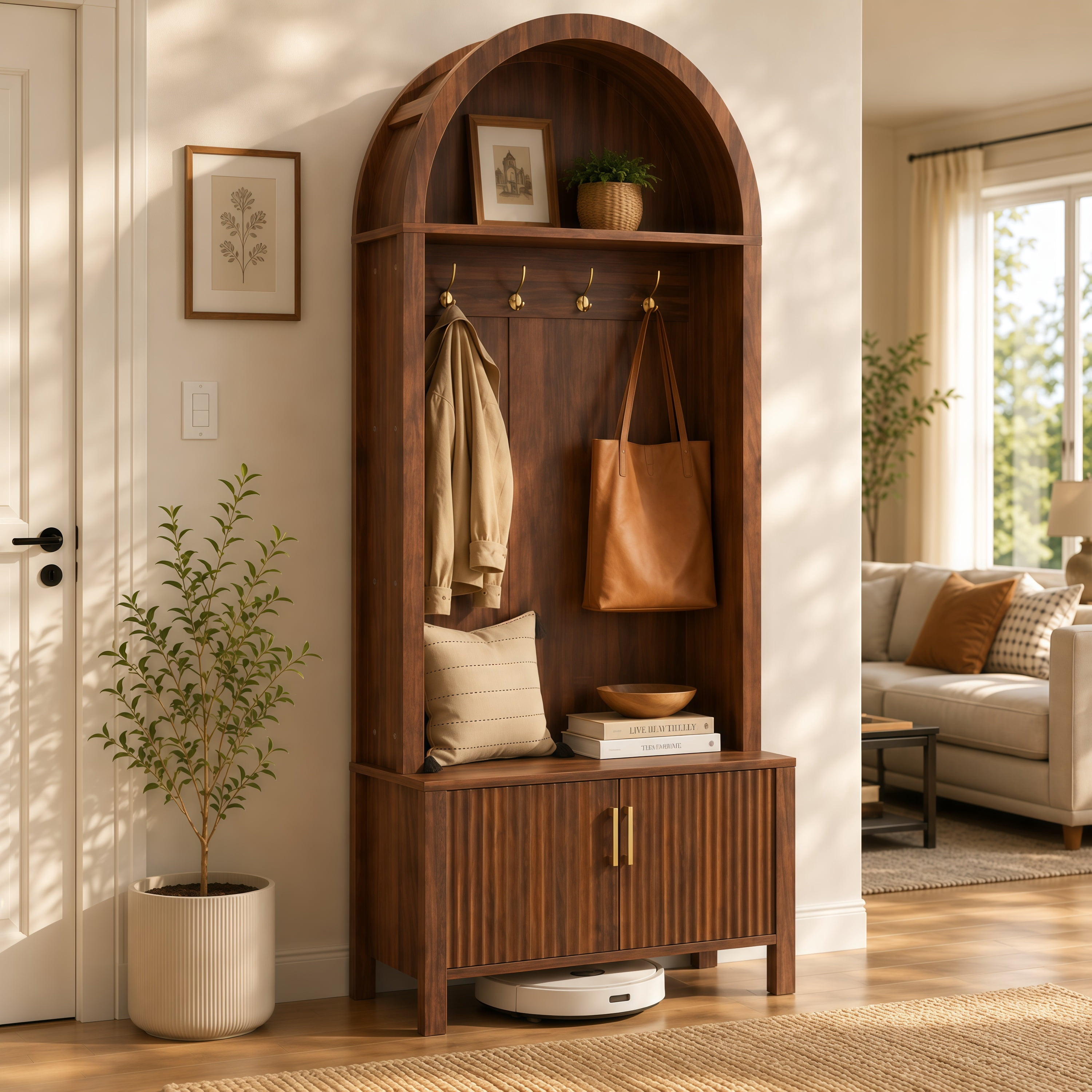 Aukfa 70.3" Arched Hall Tree with Bench and Shoe Storage Cabinet, 4 Hooks, Walnut