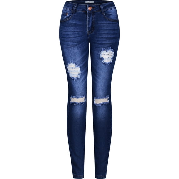 2Luver, Women's, Stretchy 5 Pocket Destroyed Denim Blue Skinny Jeans, Denim Blue, 7